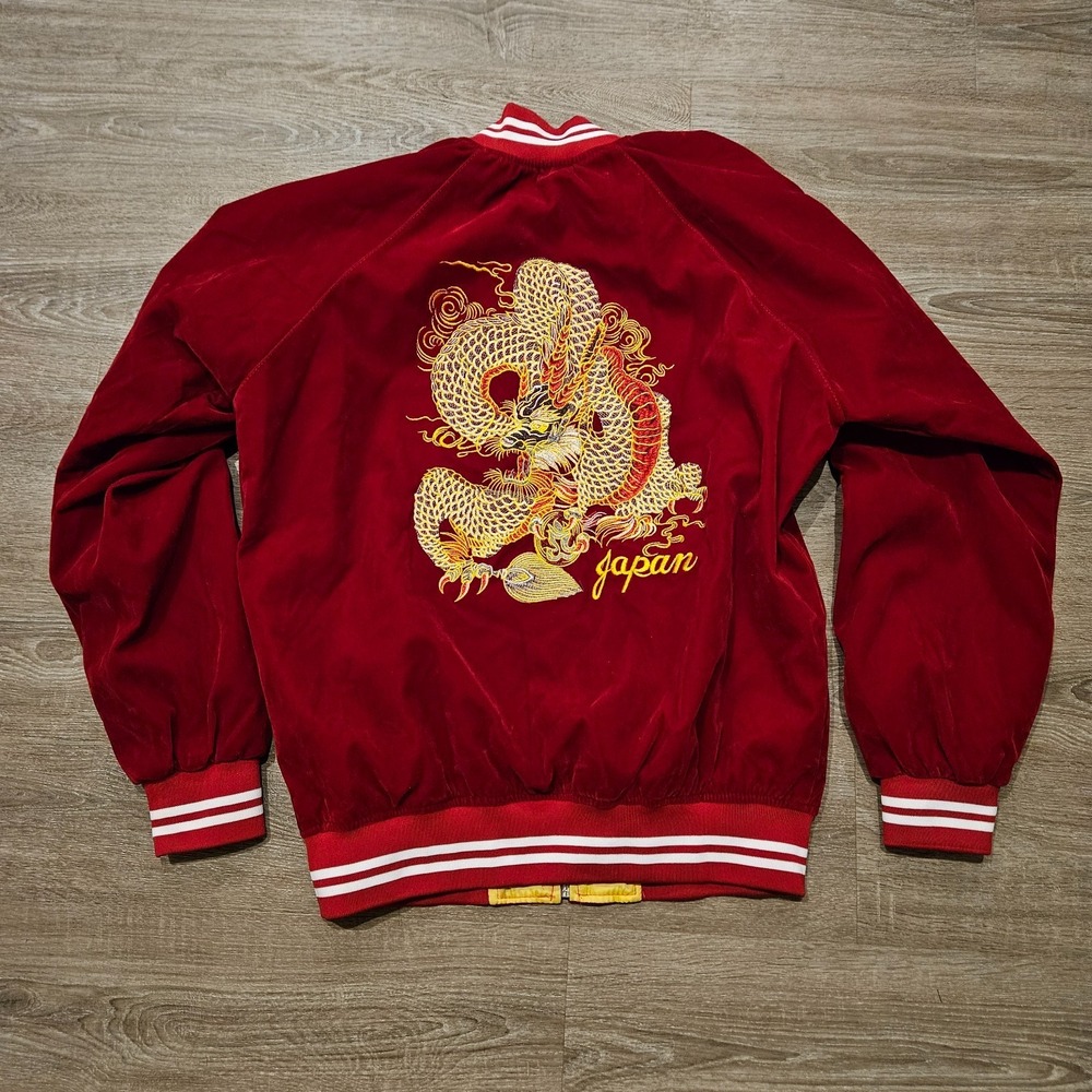 Japanese Sukajan Dragon Embroidered Bomber Jacket Red Men's M Japan Souvenir - Picture 10 of 12